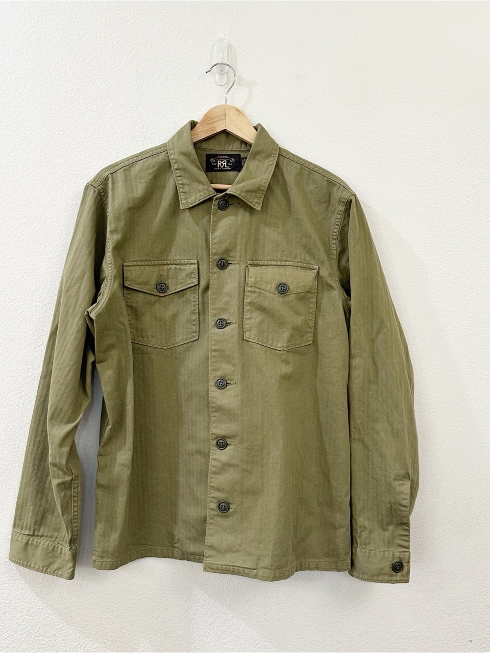 DOUBLE RL RRL Military Herringbone Shirt Olive Cotton Twill Size Medium